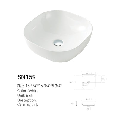 SN159 17 inch soft square ceramic vessel sink in gloss white, angled view with dimensioned spec drawing, 16 3/4 in (425 mm) footprint