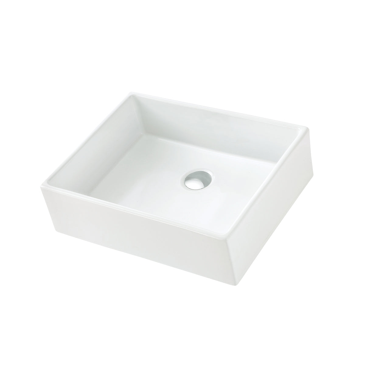Above-counter rectangular ceramic basin in white glaze, angled view showing the single drain and straight sides