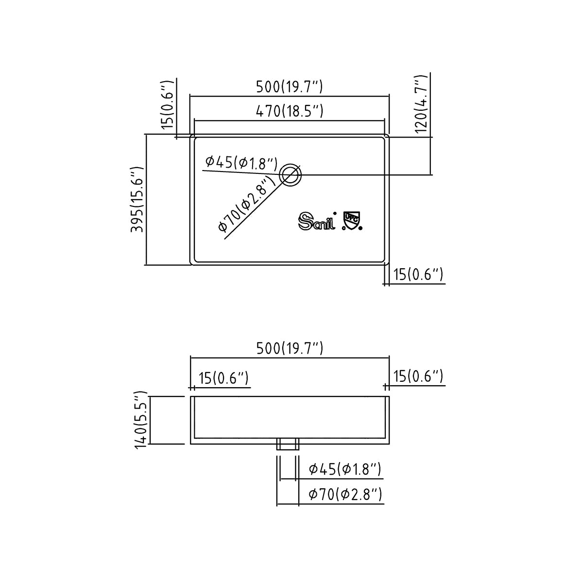 Dimensioned spec drawing of the 500mm rectangular ceramic vessel sink showing top and side views with drain sizes