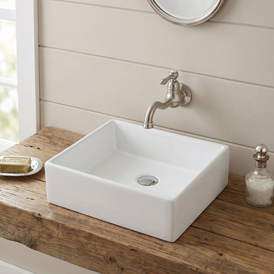 White 20 inch rectangular ceramic vessel sink installed above-counter on a wood vanity with a wall-mounted faucet