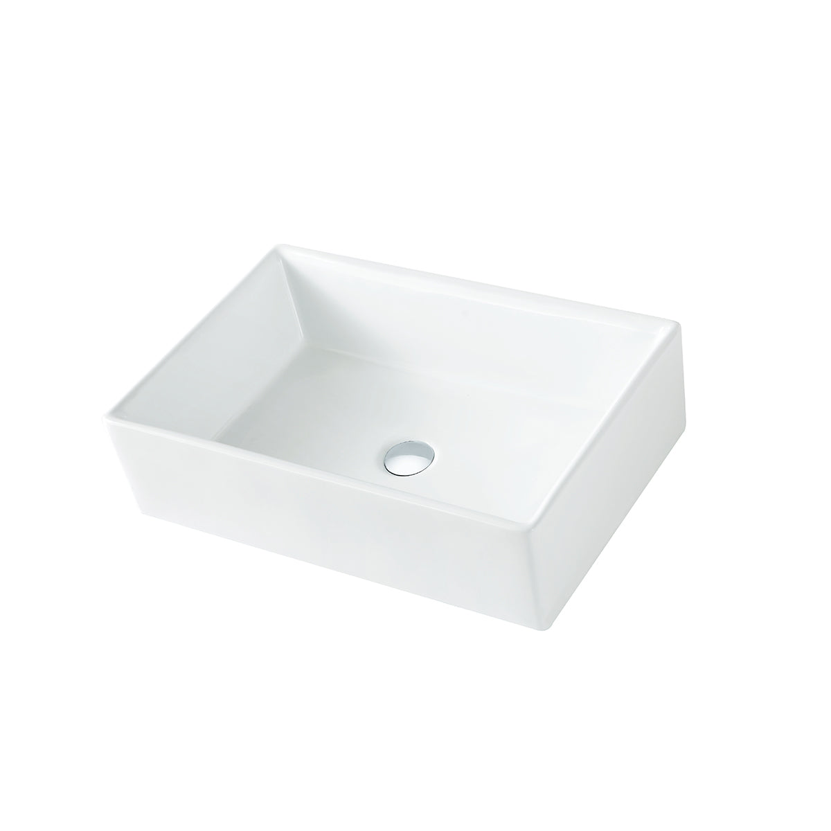 White ceramic vessel sink with a rectangular above-counter profile and center drain, shown at a three-quarter angle