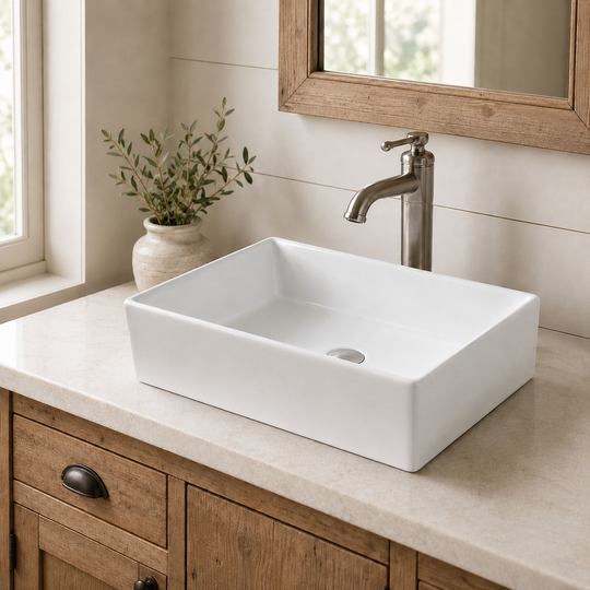 White rectangular countertop ceramic sink mounted above-counter on a rustic wood vanity with a stone top and tall faucet