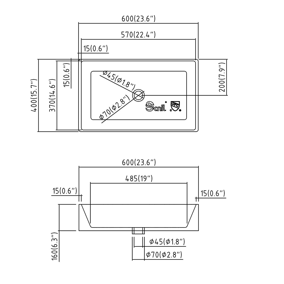 Rectangular vessel sink spec drawing showing 600x400x160mm dimensions and a Ø45mm drain opening