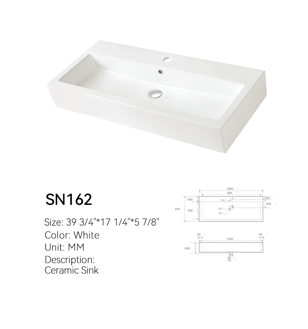 SN162 40 inch rectangular ceramic trough basin spec sheet, white ceramic, 39 3/4 by 17 1/4 by 5 7/8 inches
