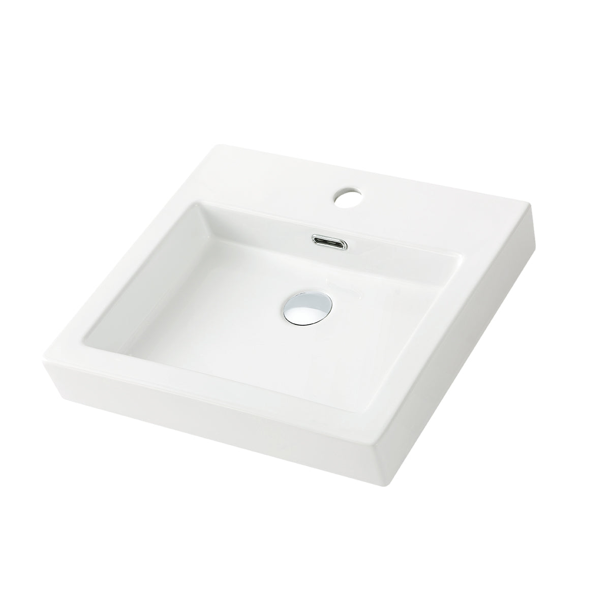White rectangular ceramic vessel sink with integrated rear faucet deck and center drain opening