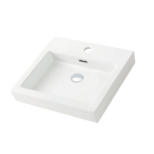 White rectangular ceramic vessel sink with integrated rear faucet deck and center drain opening