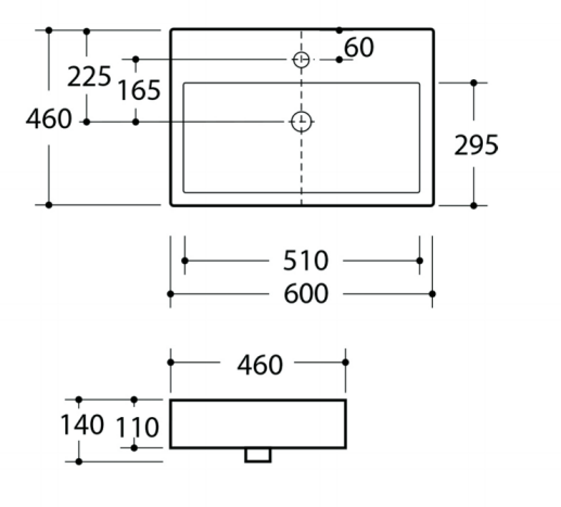 Technical drawing of rectangular ceramic vessel sink with faucet deck showing size and drain layout