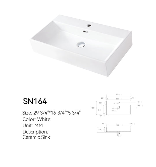 Dimensioned spec drawing of the SN164 30 inch rectangular ceramic trough sink, 29 3/4 x 16 3/4 x 5 3/4 inches (750 x 420 x 140 mm)