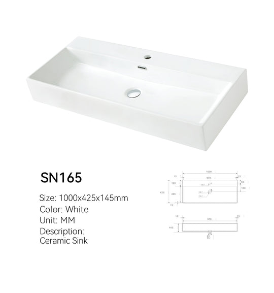 White ceramic 39 inch trough vessel sink (SANIKB SN165), single faucet hole and center drain, with dimensioned spec drawings.