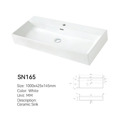 White ceramic 39 inch trough vessel sink (SANIKB SN165), single faucet hole and center drain, with dimensioned spec drawings.