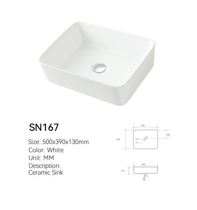 Dimension drawing of SN167 rounded rectangular ceramic vessel sink, 500 x 390 mm basin with 130 mm height and center drain