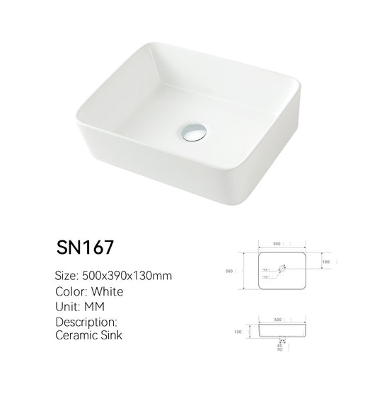 Dimension drawing of SN167 rounded rectangular ceramic vessel sink, 500 x 390 mm basin with 130 mm height and center drain
