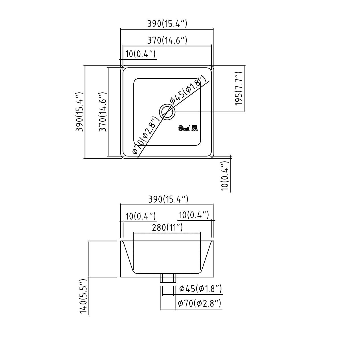 Square ceramic vessel sink dimension drawing: 390 × 390 mm size, 140 mm height, Ø45/Ø70 mm drain, no overflow