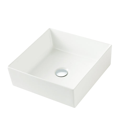 16 inch square ceramic vessel sink without faucet hole, white tapered above-counter basin with a centered drain