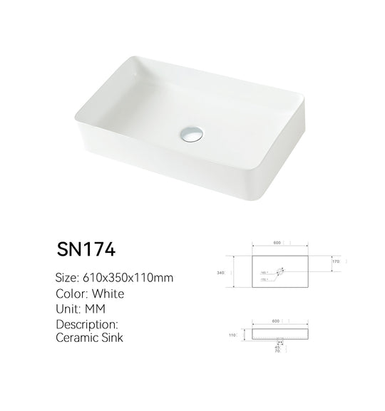 White SN174 slim rectangular ceramic vessel sink with center drain, above-counter basin