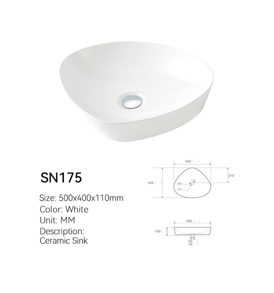 SANIKB SN175 20 inch asymmetrical ceramic vessel sink in white glaze, angled view with dimensioned spec drawing