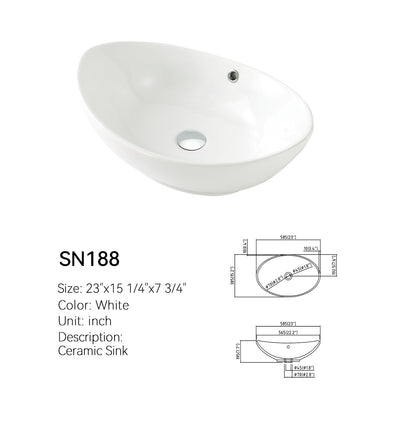 SANIKB SN188 oval vessel sink dimension drawing showing 23 by 15 1/4 by 7 3/4 inch size and drain openings