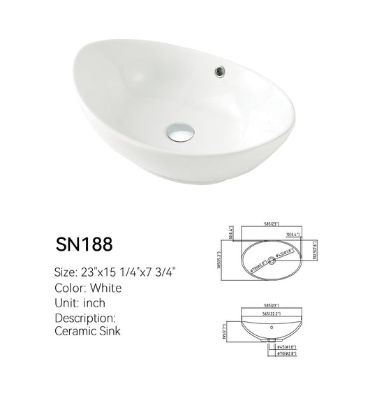 SANIKB SN188 oval vessel sink dimension drawing showing 23 by 15 1/4 by 7 3/4 inch size and drain openings