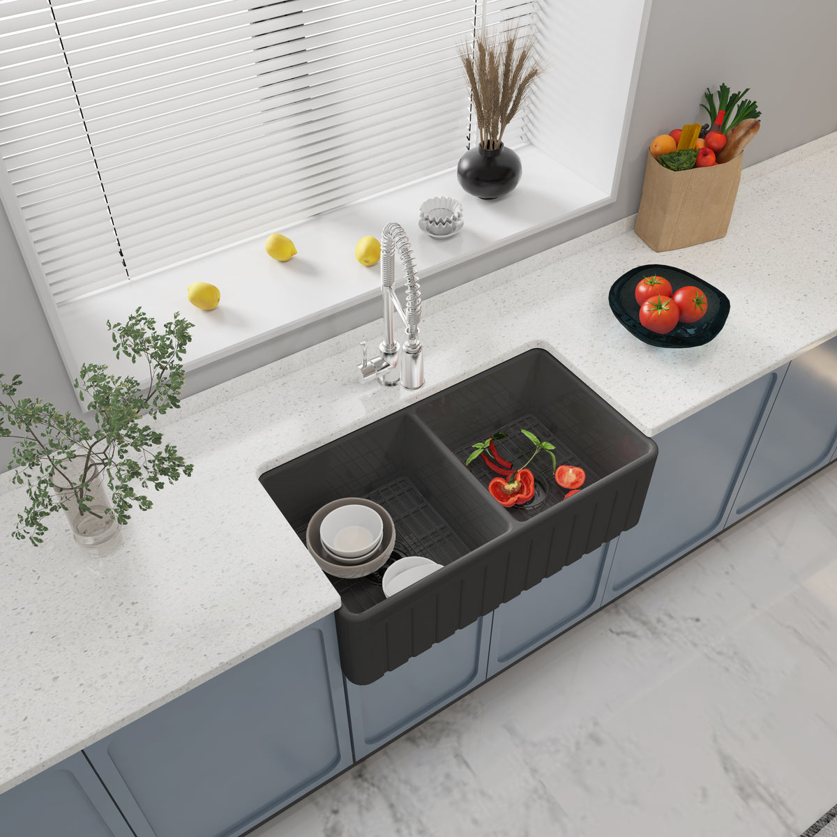 33 Inch Double Farm Sink Kitchen – White Farmhouse Sink | Model SN3318TD