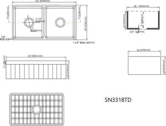 33 Inch Double Farm Sink Kitchen – White Farmhouse Sink | Model SN3318TD