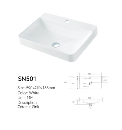 White SN501 low profile rectangular ceramic vanity sink, top view with single tap hole and chrome pop-up drain