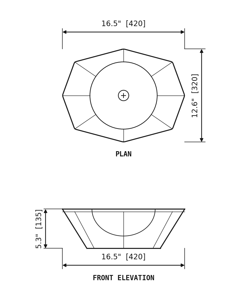 SANIKB SP096 Nero Marquina marble — boat-shaped vessel basin dimension drawing (16.5" × 12.6" (420 × 320 × 135 mm))
