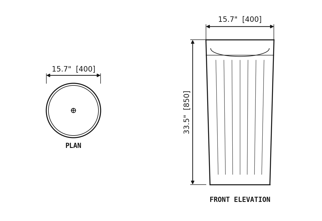 SANIKB SP1001 Carrara White marble — fluted pedestal basin dimension drawing (15.7" × 15.7" × 33.5" H  (400 × 400 × 850 mm))