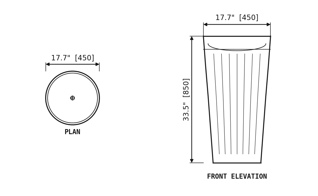 SANIKB SP1011 Red travertine — fluted pedestal basin dimension drawing (17.7" × 17.7" × 33.5" H  (450 × 450 × 850 mm))