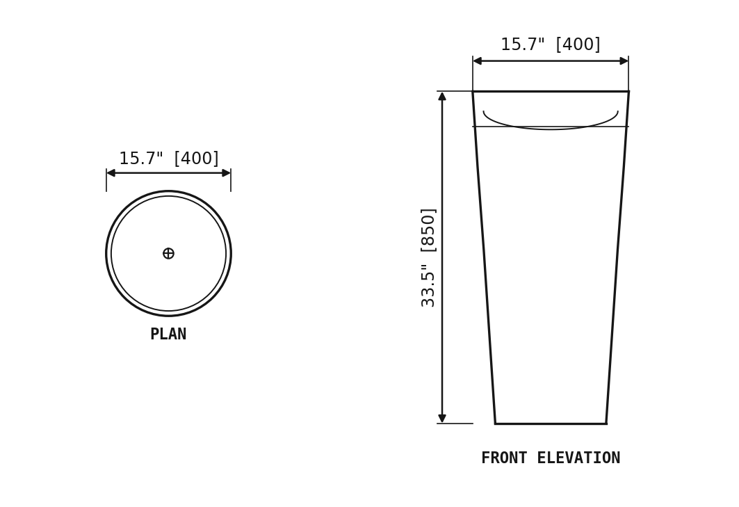SANIKB SP1018 Red travertine — cylindrical pedestal basin dimension drawing (15.7" × 15.7" × 33.5" H  (400 × 400 × 850 mm))