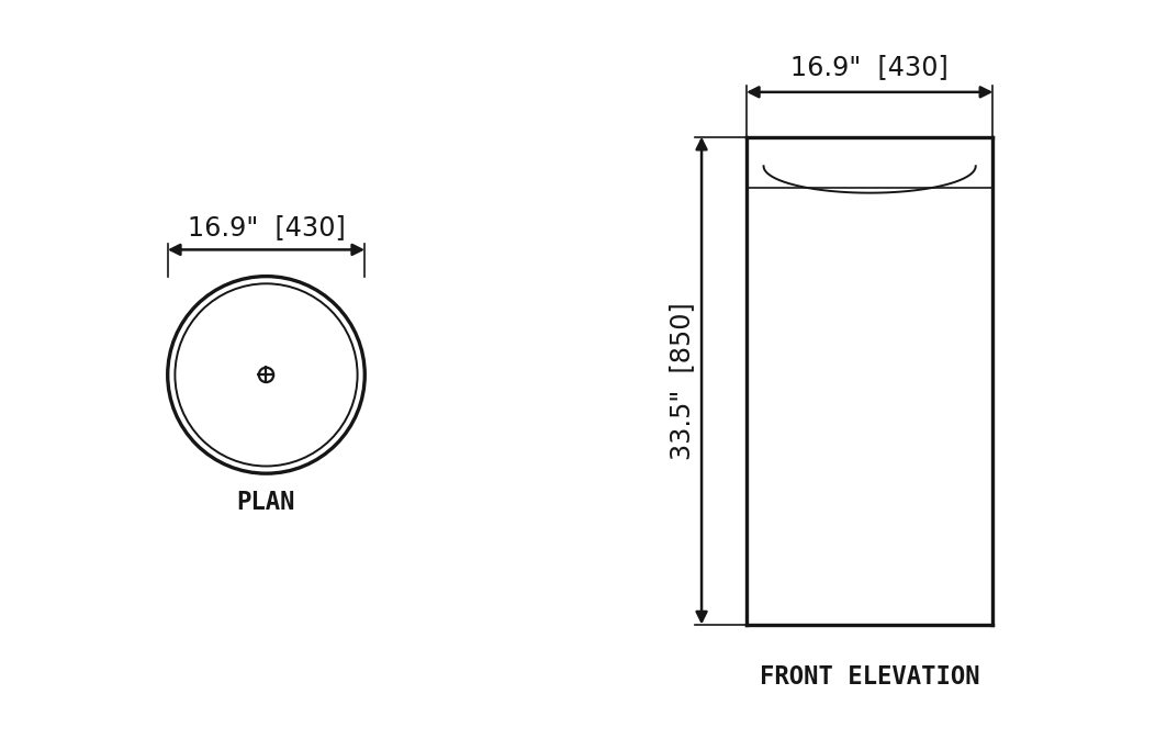 SANIKB SP1019 Red travertine — cylindrical pedestal basin dimension drawing (16.9" × 16.9" × 33.5" H  (430 × 430 × 850 mm))