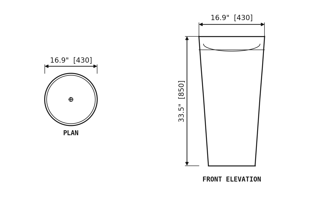 SANIKB SP1023 Beige marble — tapered pedestal basin dimension drawing (16.9" × 16.9" × 33.5" H  (430 × 430 × 850 mm))