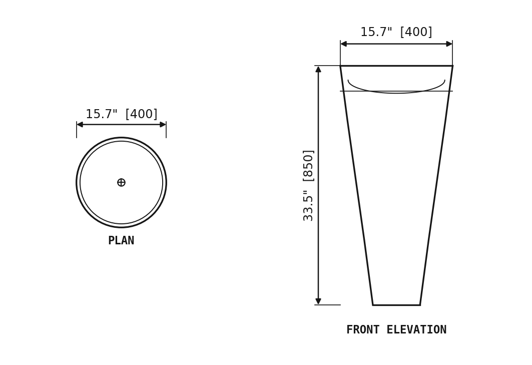 SANIKB SP1026 Rosso Levanto marble — tapered pedestal basin dimension drawing (15.7" × 15.7" × 33.5" H  (400 × 400 × 850 mm))