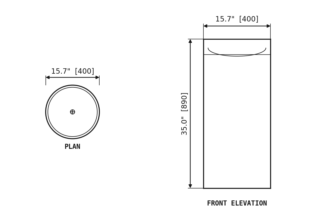 SANIKB SP1031 Travertine — fluted pedestal basin dimension drawing (15.7" × 15.7" × 35.0" H  (400 × 400 × 890 mm))