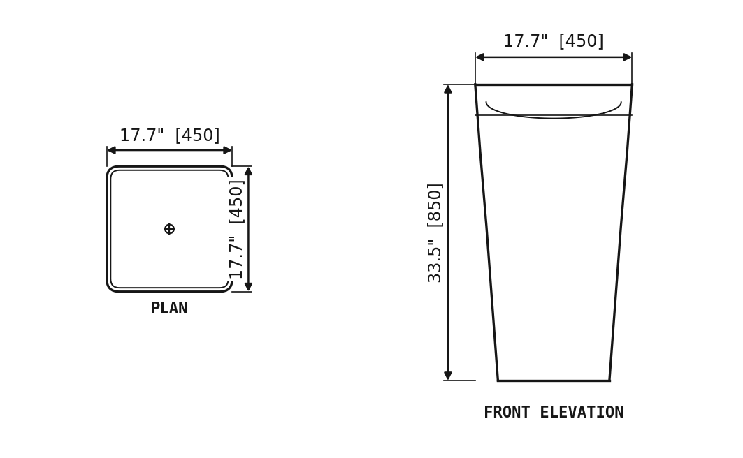 SANIKB SP1041 Travertine — square pedestal basin dimension drawing (17.7" × 17.7" × 33.5" H  (450 × 450 × 850 mm))