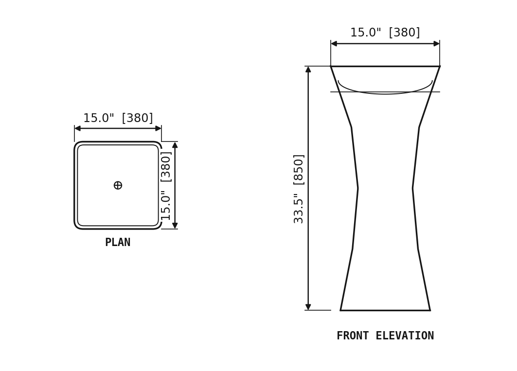 SANIKB SP1045 Carrara White marble — flared pedestal basin dimension drawing (15.0" × 15.0" × 33.5" H  (380 × 380 × 850 mm))