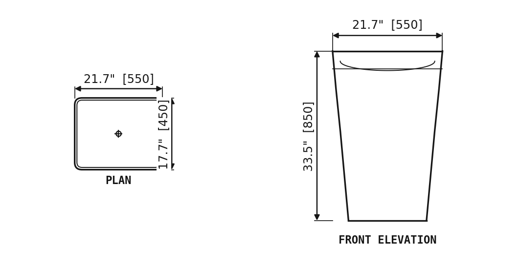 SANIKB SP1051 Nero Marquina marble (black & white) — square pedestal basin dimension drawing (21.7" × 17.7" × 33.5" H  (550 × 450 × 850 mm))
