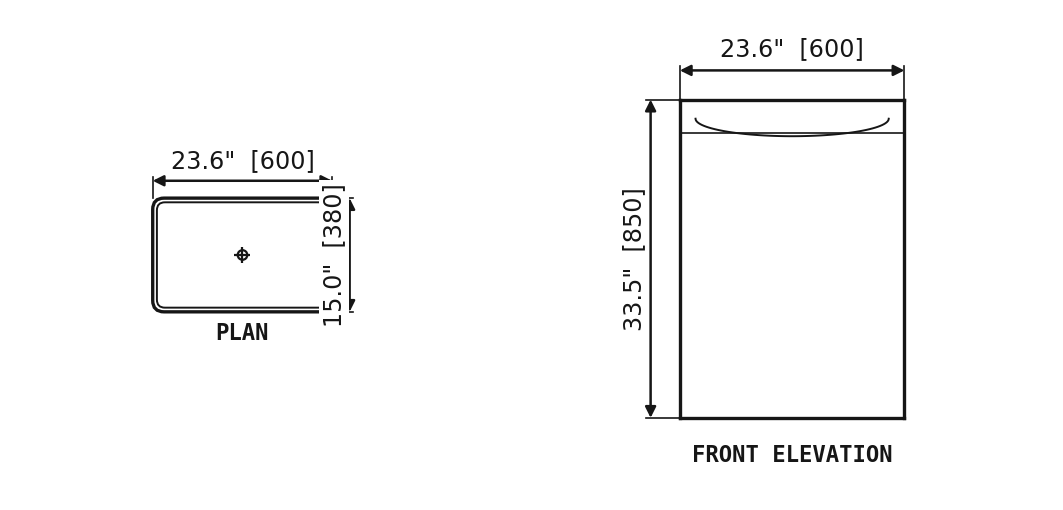 SANIKB SP1054 Silver-grey travertine — square pedestal basin dimension drawing (23.6" × 15.0" × 33.5" H  (600 × 380 × 850 mm))