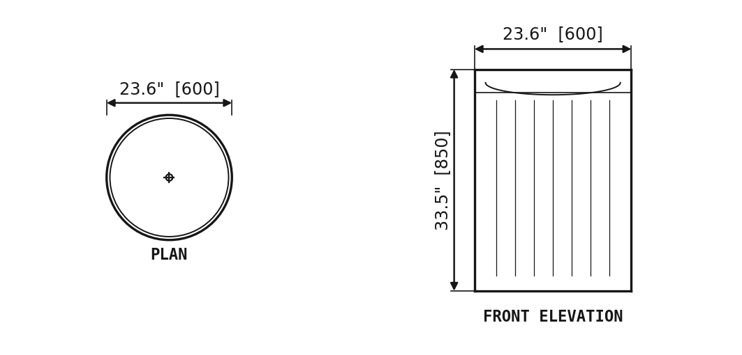 SANIKB SP1055 Silver-grey travertine — hand-carved pedestal basin dimension drawing (23.6" × 15.0" × 33.5" H  (600 × 380 × 850 mm))