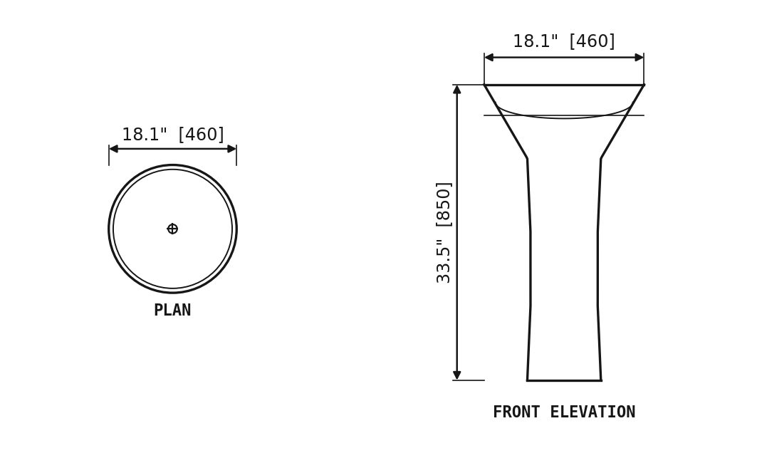 SANIKB SP1060 Red onyx — flared pedestal basin dimension drawing (18.1" × 18.1" × 33.5" H  (460 × 460 × 850 mm))
