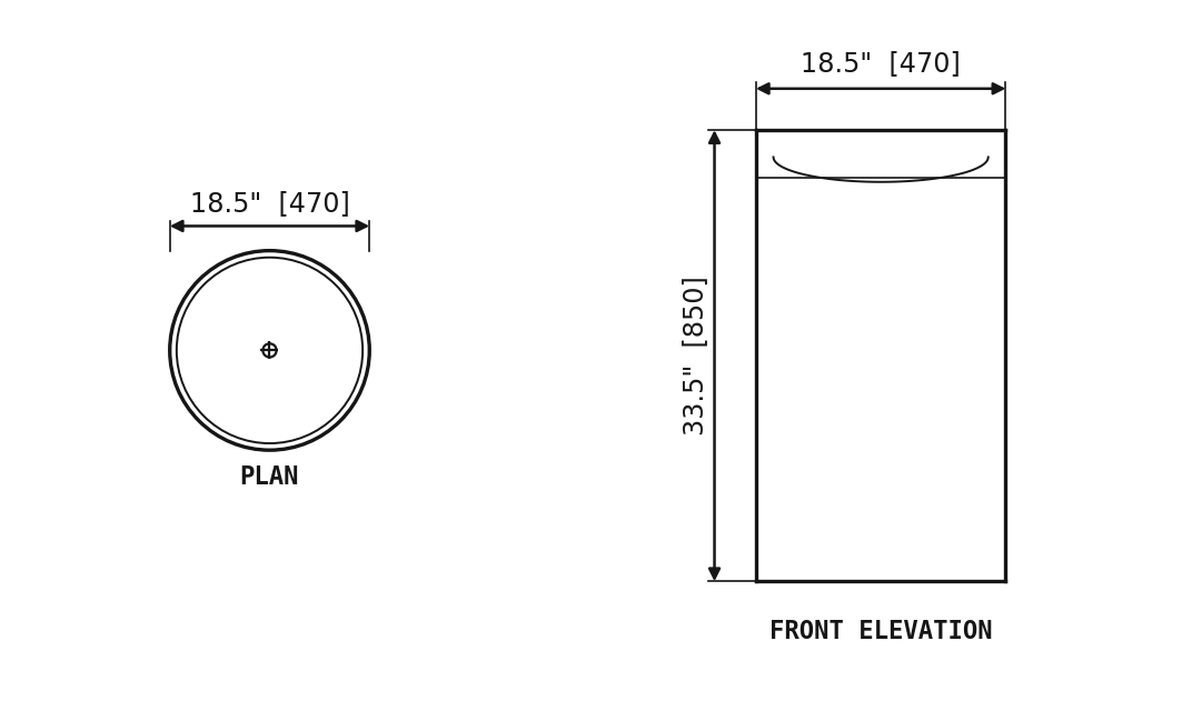SANIKB SP1063 Carrara White marble — cylindrical pedestal basin dimension drawing (18.5" × 18.5" × 33.5" H  (470 × 470 × 850 mm))