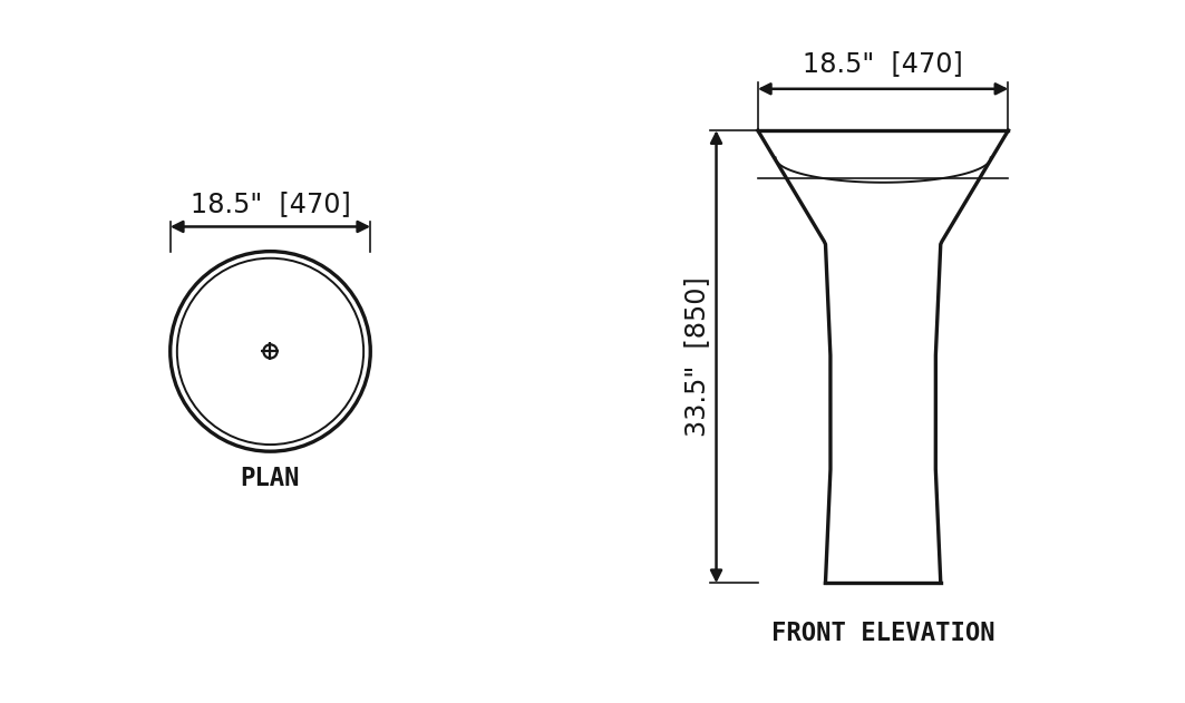 SANIKB SP1064 Nero Marquina marble (black & white) — flared pedestal basin dimension drawing (18.5" × 18.5" × 33.5" H  (470 × 470 × 850 mm))