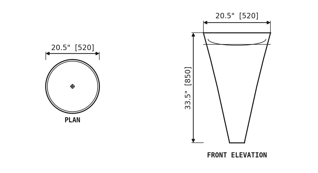 SANIKB SP1065 Carrara White marble — hand-carved pedestal basin dimension drawing (20.5" × 20.5" × 33.5" H  (520 × 520 × 850 mm))