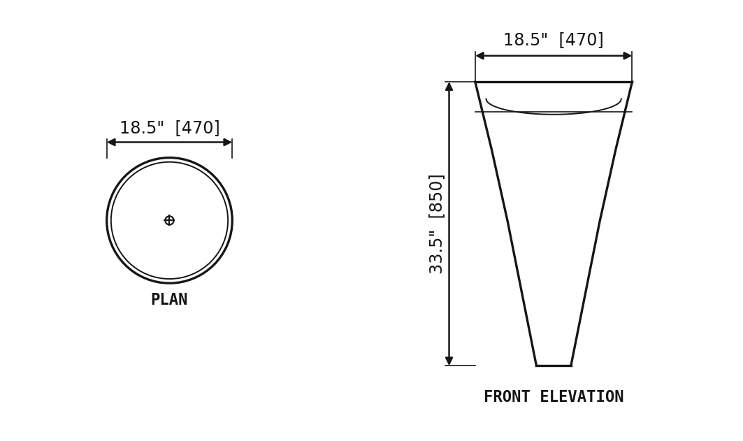SANIKB SP1066 Carrara White marble — hand-carved pedestal basin dimension drawing (18.5" × 18.5" × 33.5" H  (470 × 470 × 850 mm))