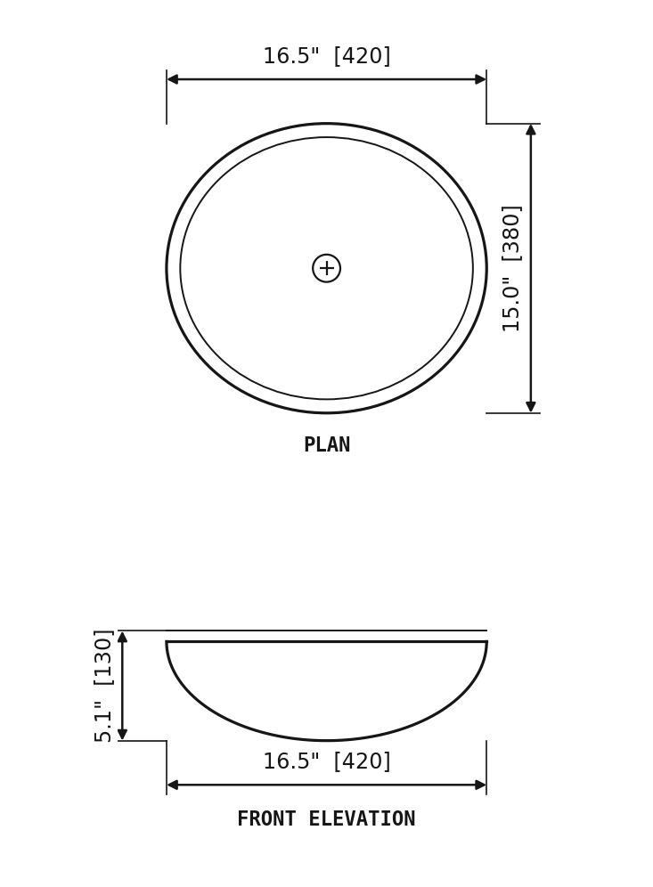 SANIKB SP135B Black fossil limestone — oval vessel basin dimension drawing (16.5" × 15.0" (420 × 380 × 130 mm))