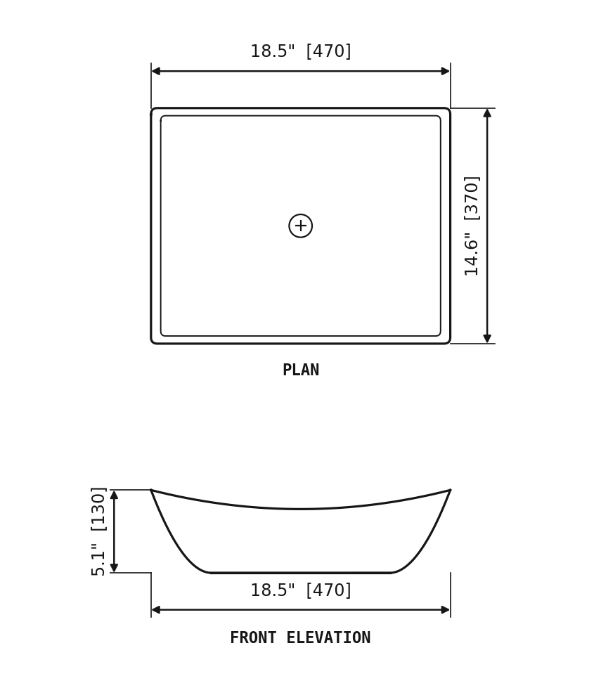 SANIKB SP151D Beige marble — rectangular vessel basin dimension drawing (18.5" × 14.6" (470 × 370 × 130 mm))