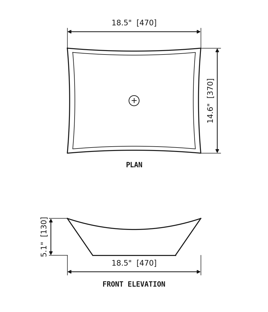 SANIKB SP151E Wooden-vein marble — rectangular vessel basin dimension drawing (18.5" × 14.6" (470 × 370 × 130 mm))