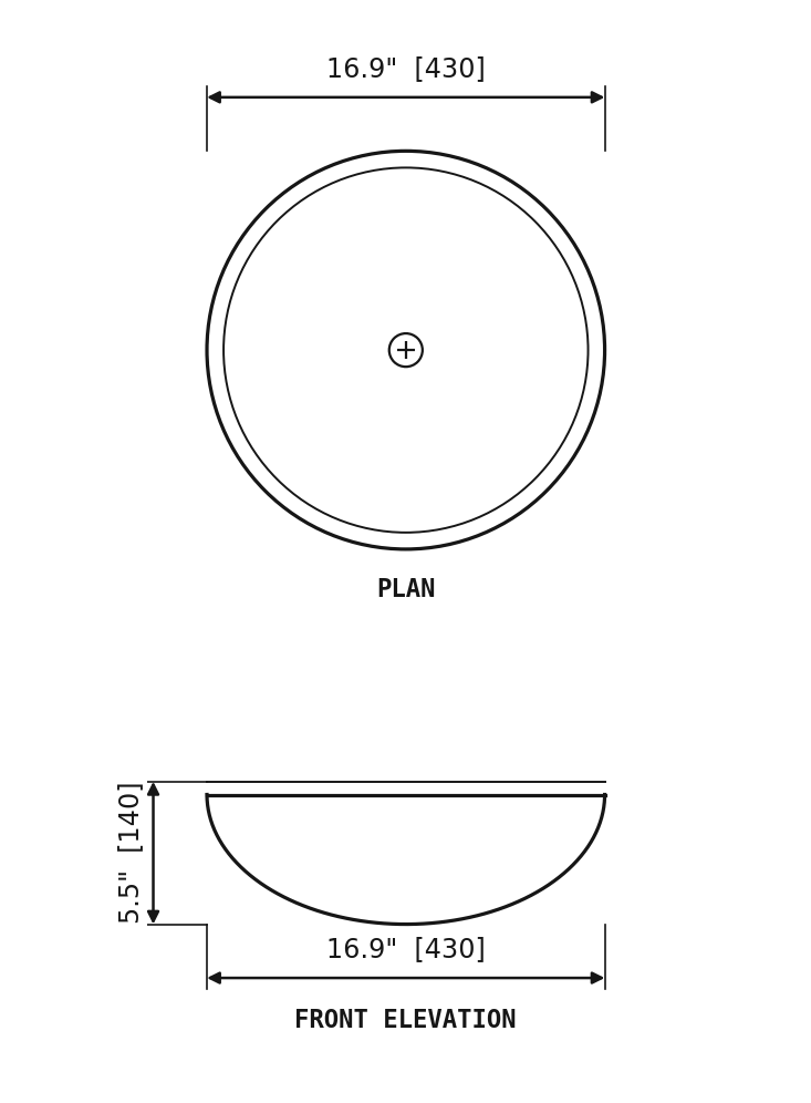 SANIKB SP165 Red travertine — round vessel basin dimension drawing (Ø16.9" × 5.5" H  (Ø430 × 140 mm))
