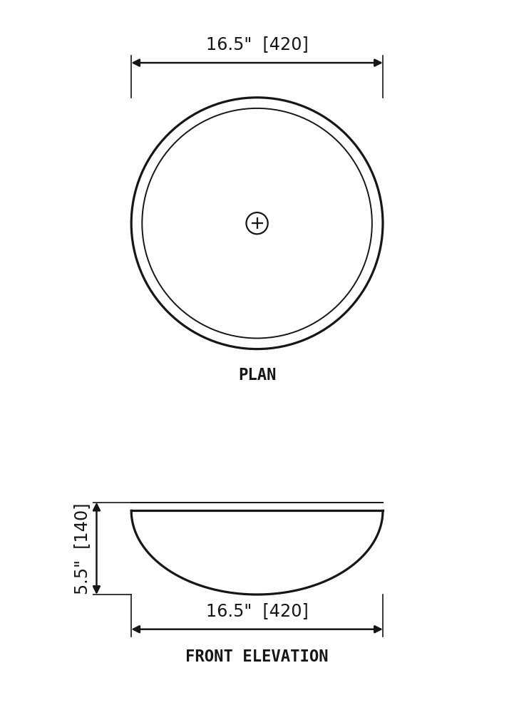 SANIKB SP168 Wooden-vein marble — round vessel basin dimension drawing (Ø16.5" × 5.5" H  (Ø420 × 140 mm))