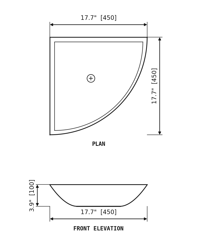 SANIKB SP170 Beige marble — triangular vessel basin dimension drawing (17.7" × 17.7" (450 × 450 × 100 mm))