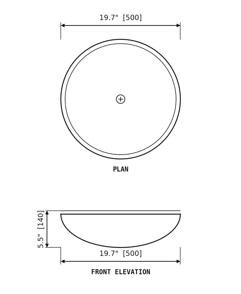 SANIKB SP177B Red travertine — round vessel basin dimension drawing (Ø19.7" × 5.5" H  (Ø500 × 140 mm))